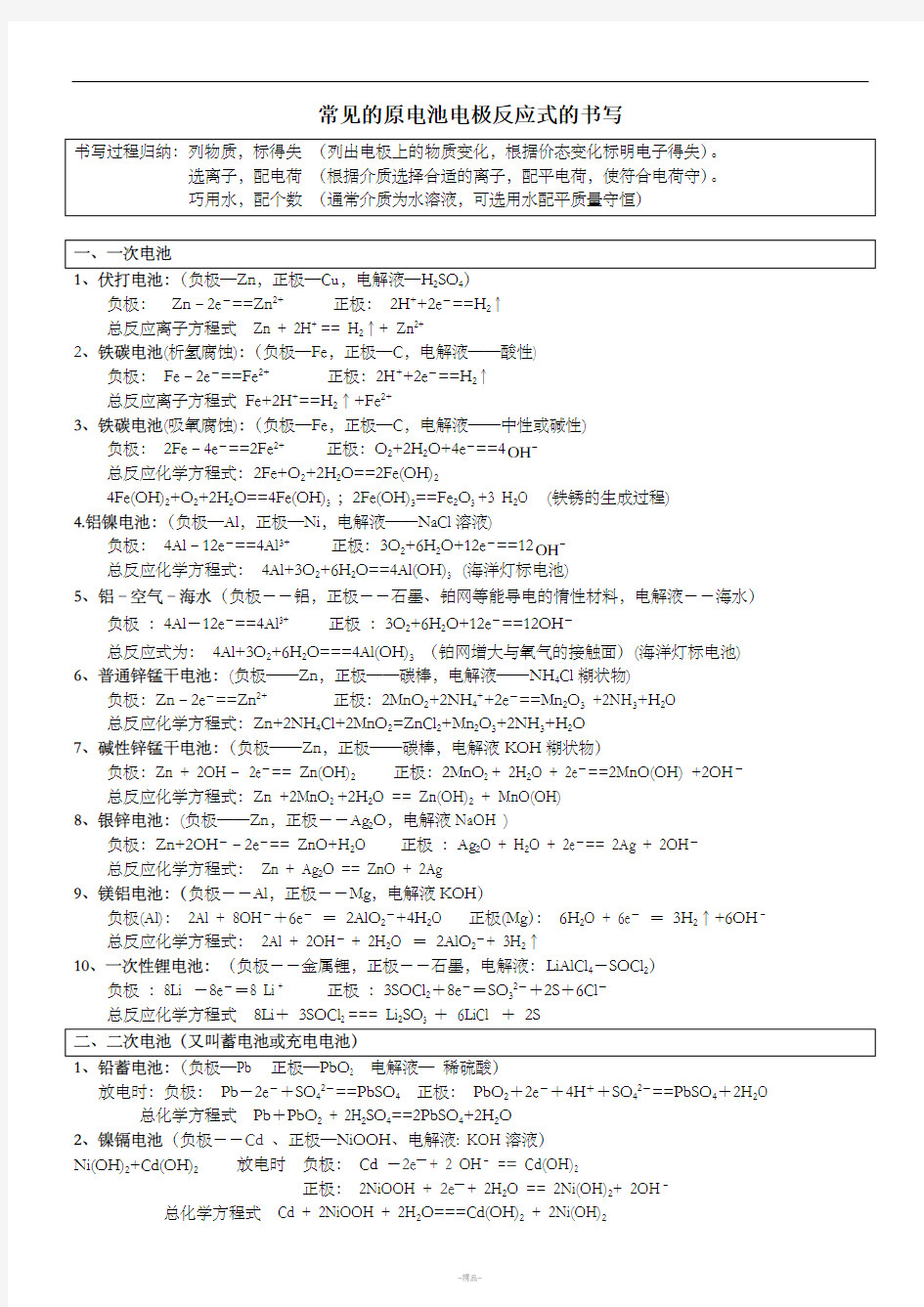 常见原电池及电解池方程式