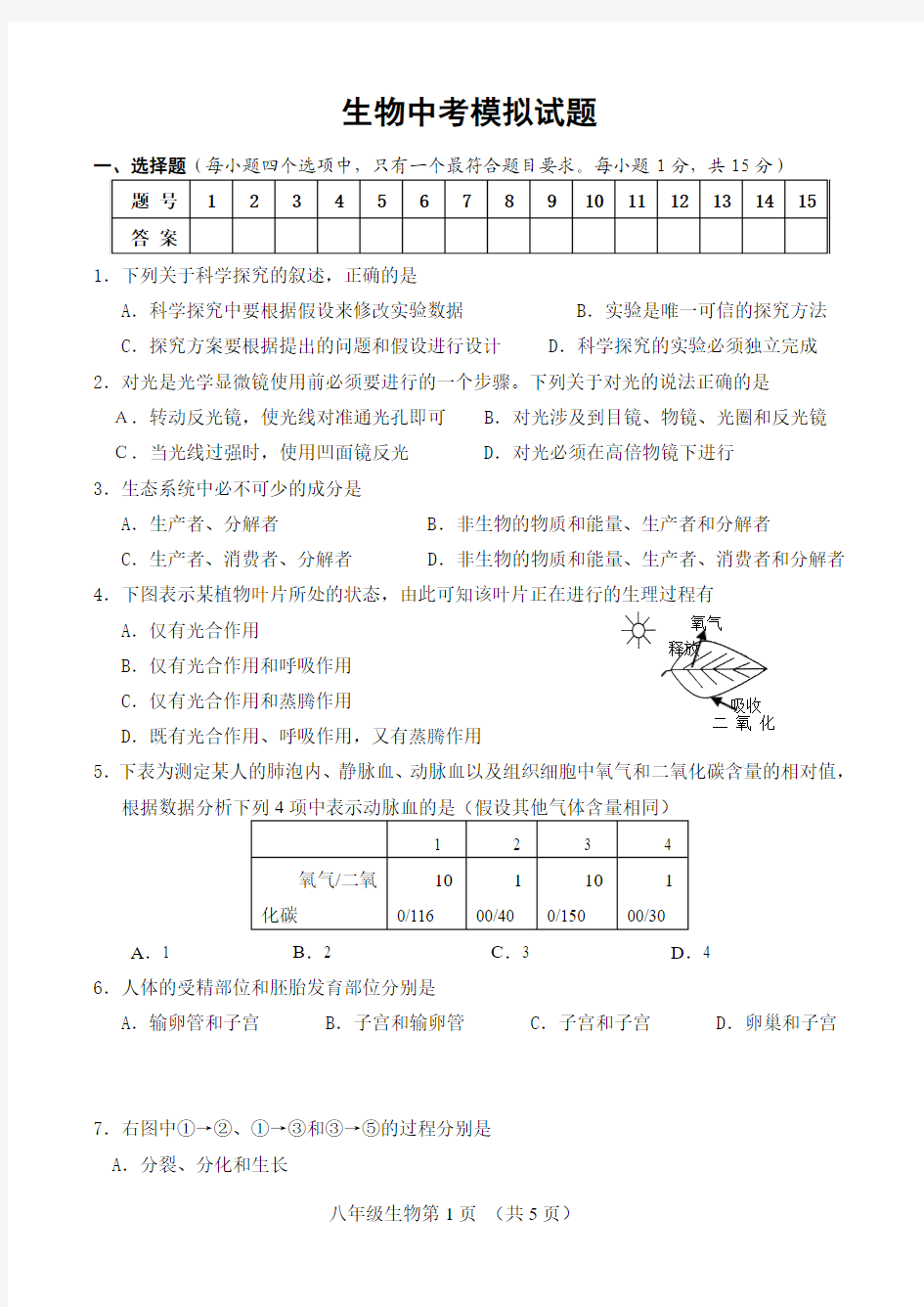 生物中考模拟试卷(含答案)