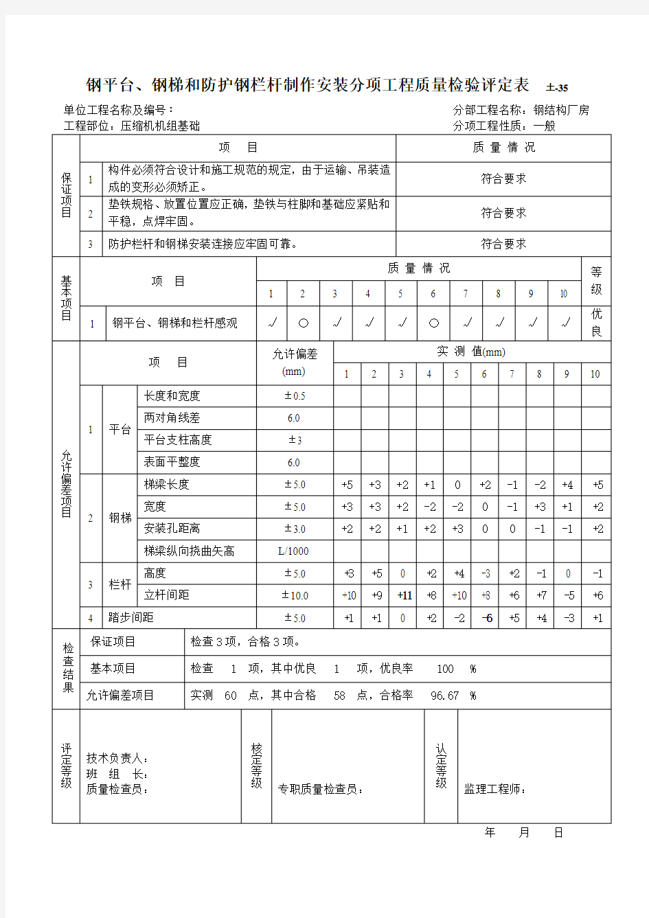 钢结构质量评定表