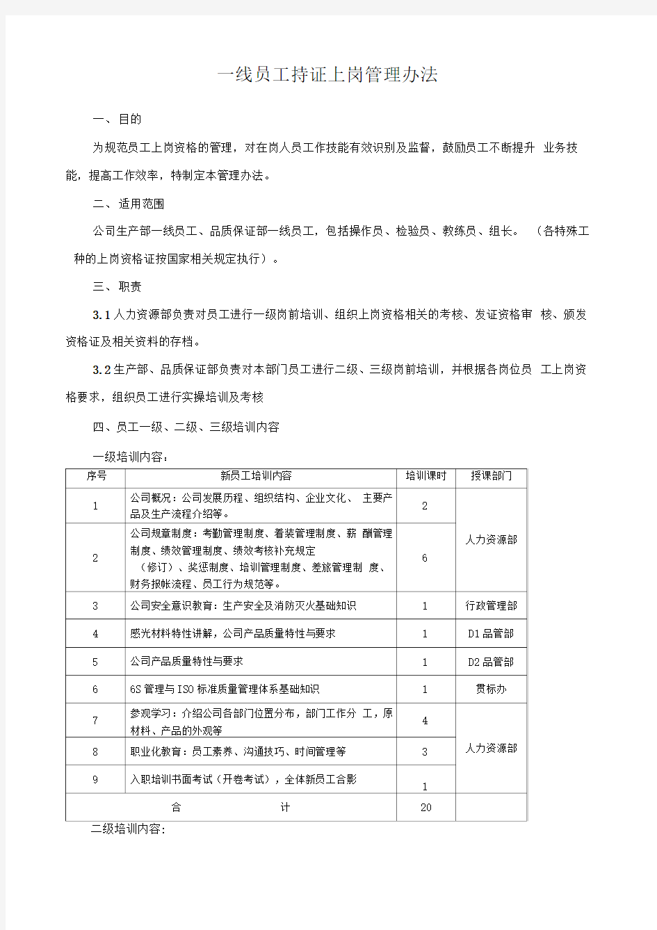 一线员工持证上岗管理办法