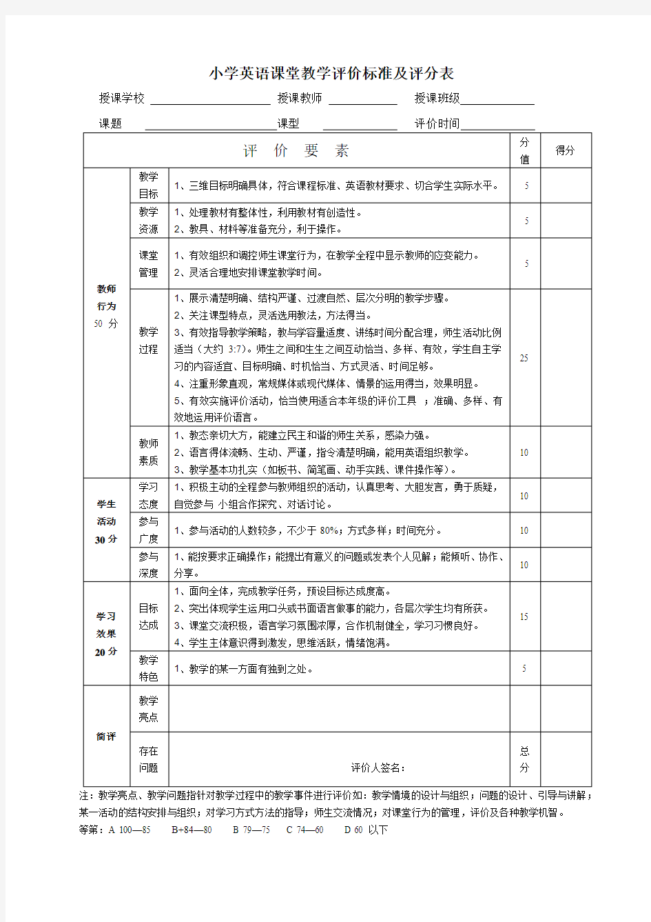 小学英语课堂教学评价表2018