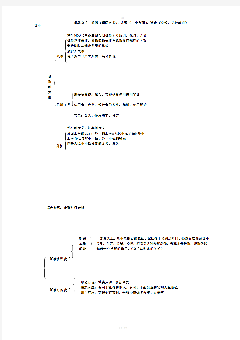 高中政治必修一经济生活知识框架