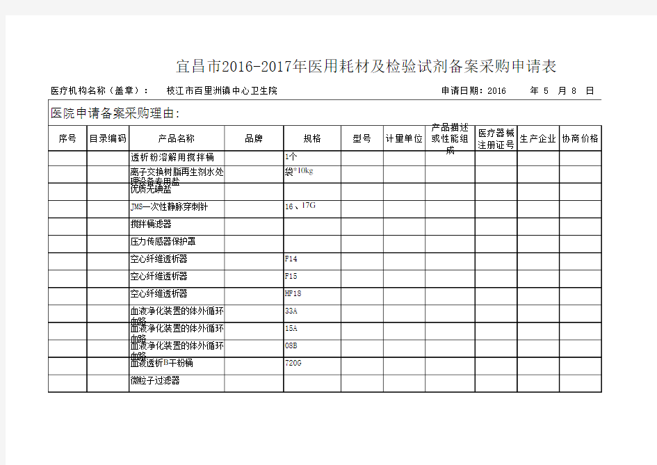 医用耗材及检验试剂备案采购申请表