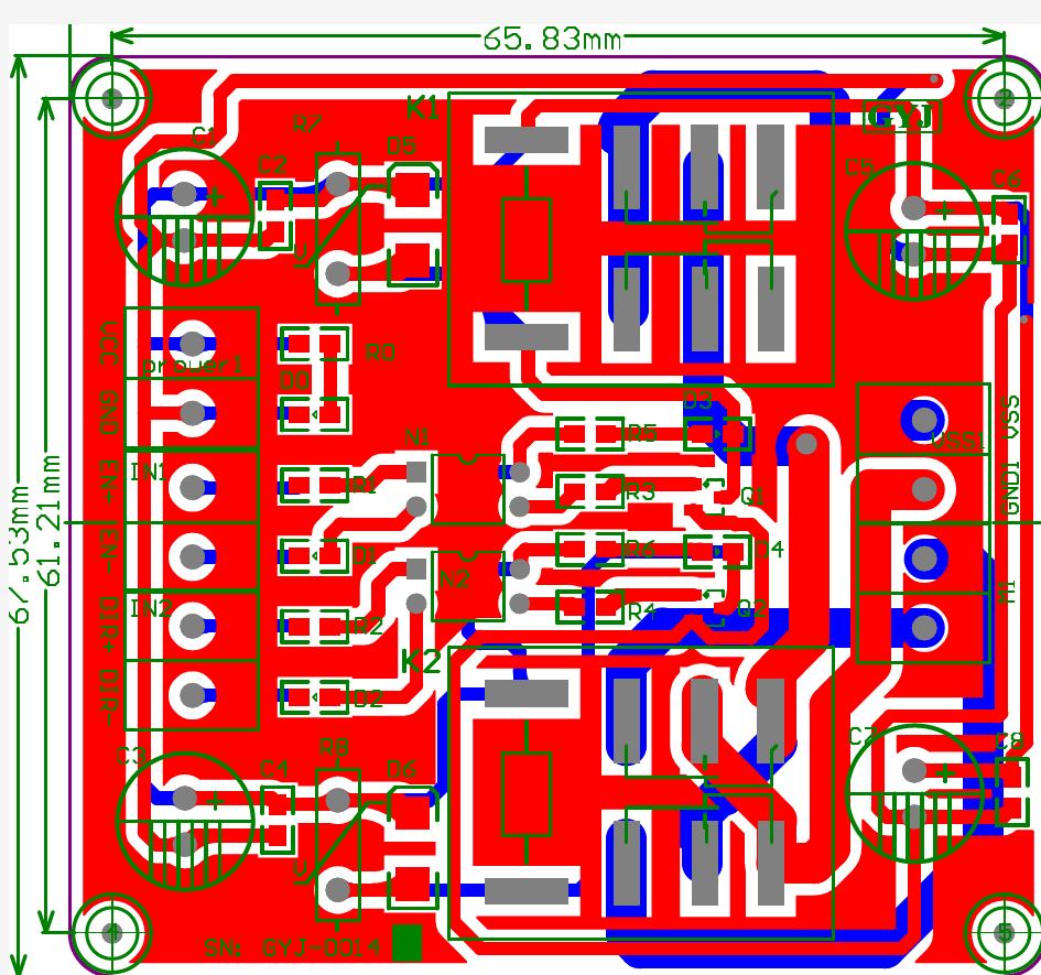 GYJ-0014_直流电机正反转继电器控制板原理图及PCB图