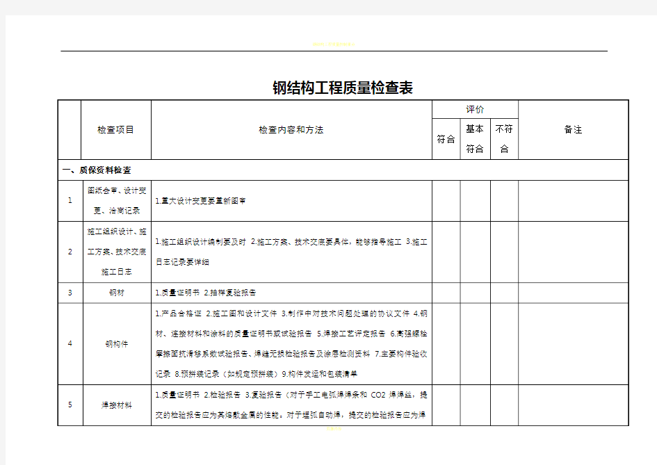 钢结构工程质量检查表