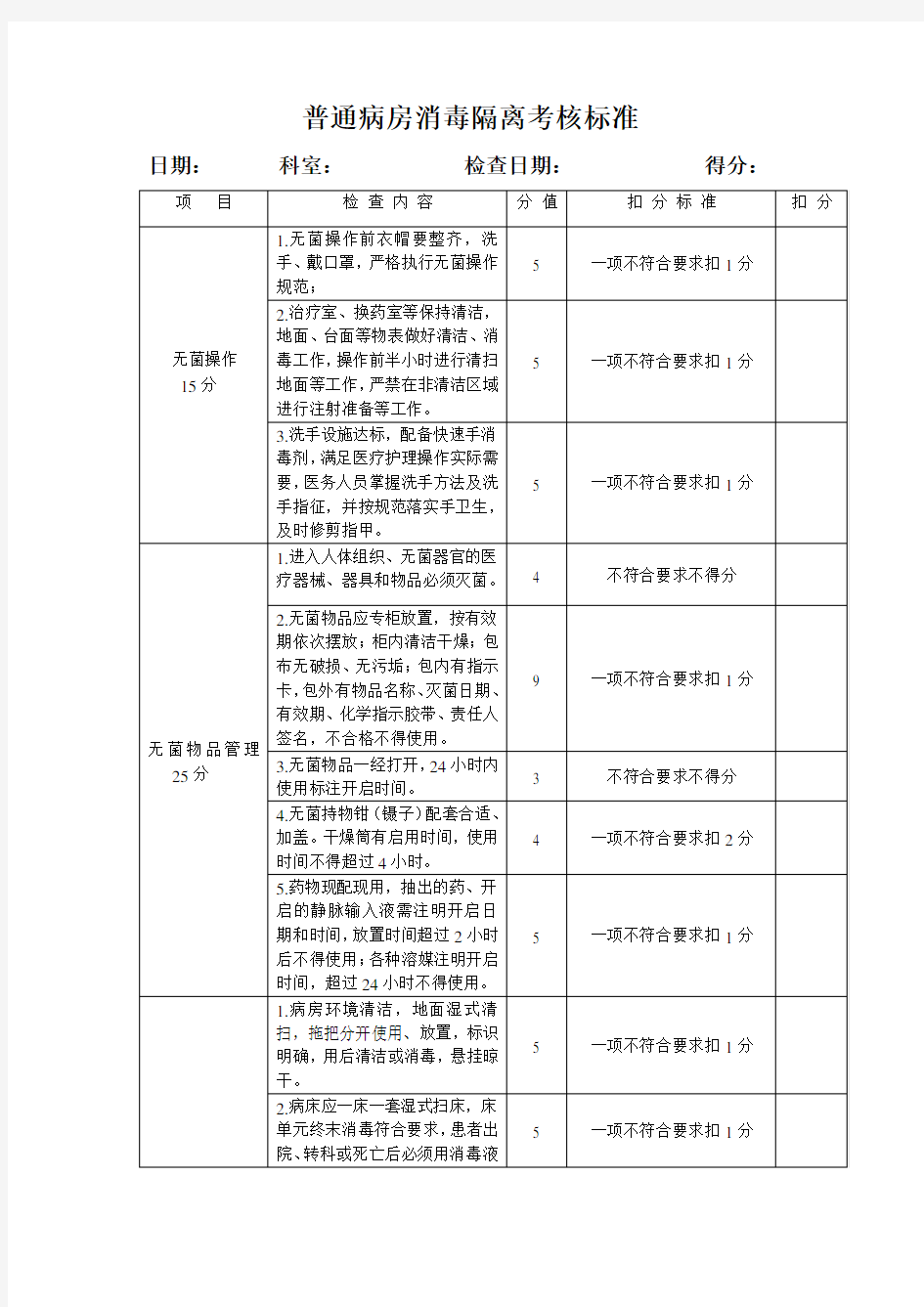 普通病房消毒隔离考核标准