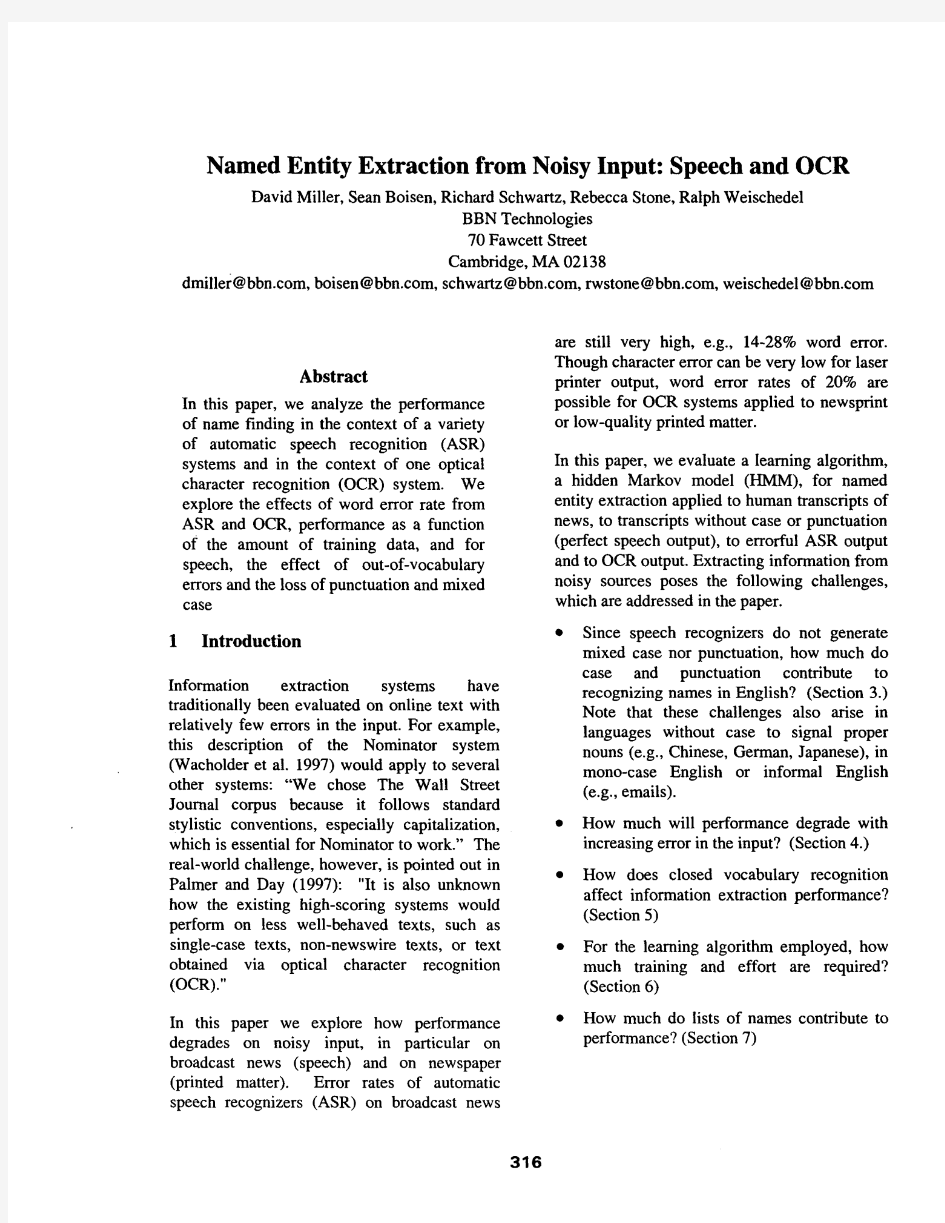 Named entity extraction from noisy input speech and OCR