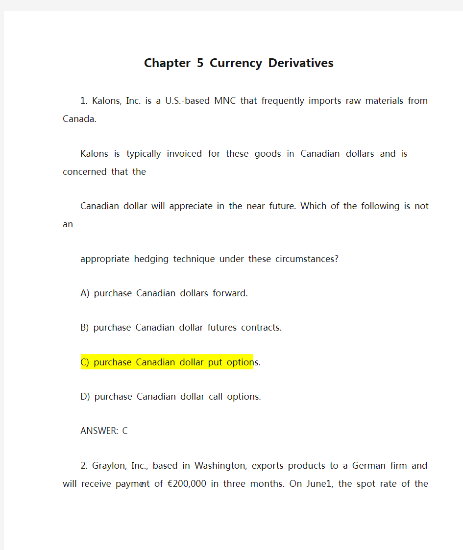 Chapter 5 Currency Derivatives练习