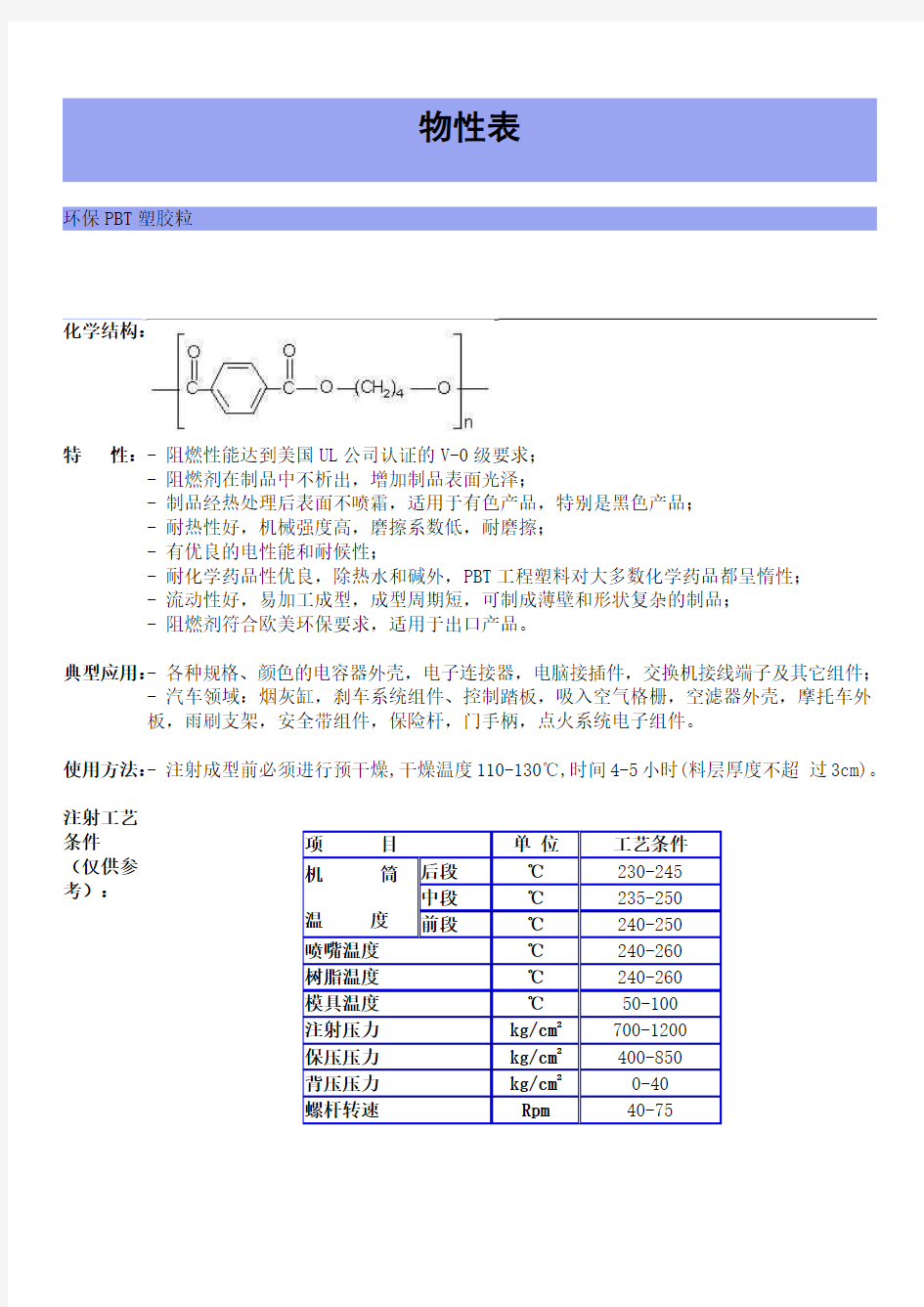 工程塑料PBT性能表