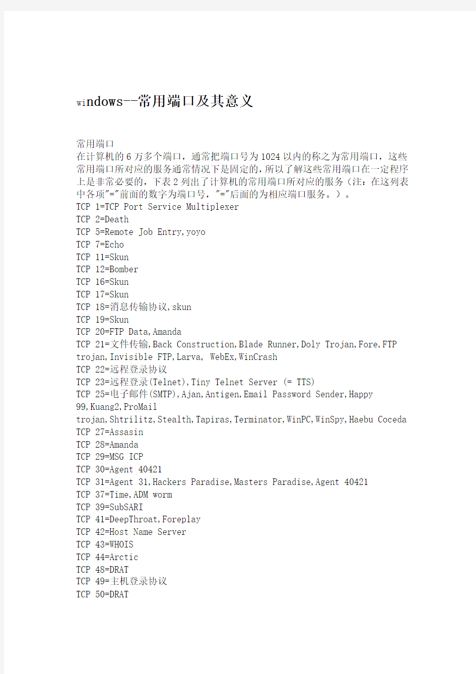 windows 常用端口及其意义