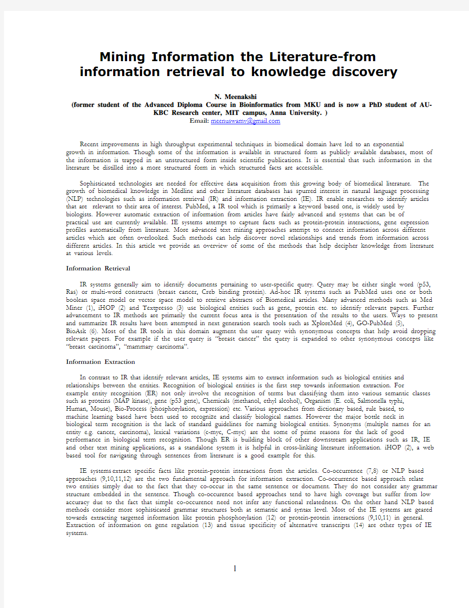 Mining Information the Literature-from information retrieval to knowledge discovery