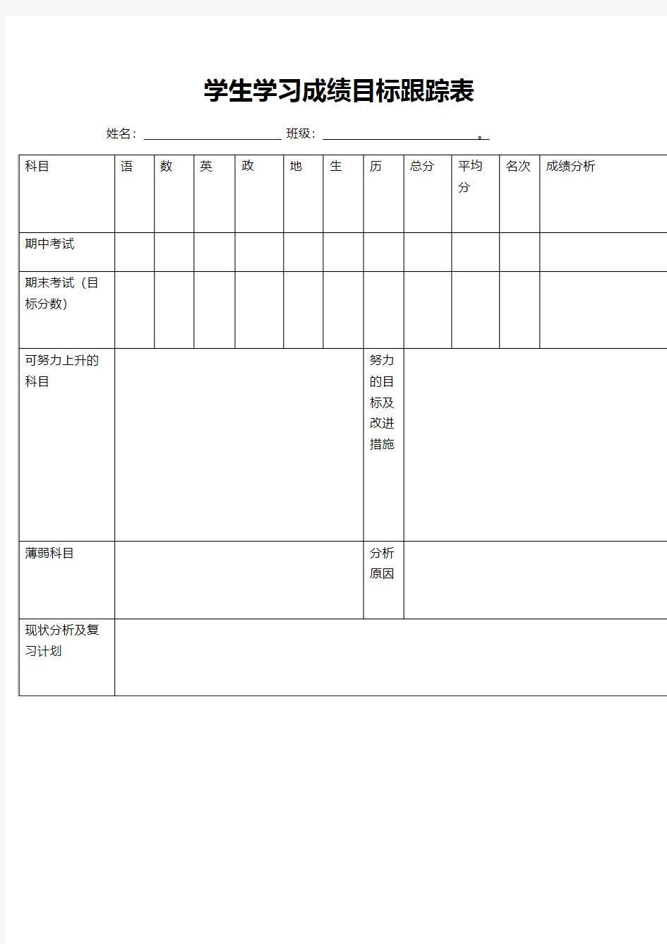 学生学习成绩目标跟踪表