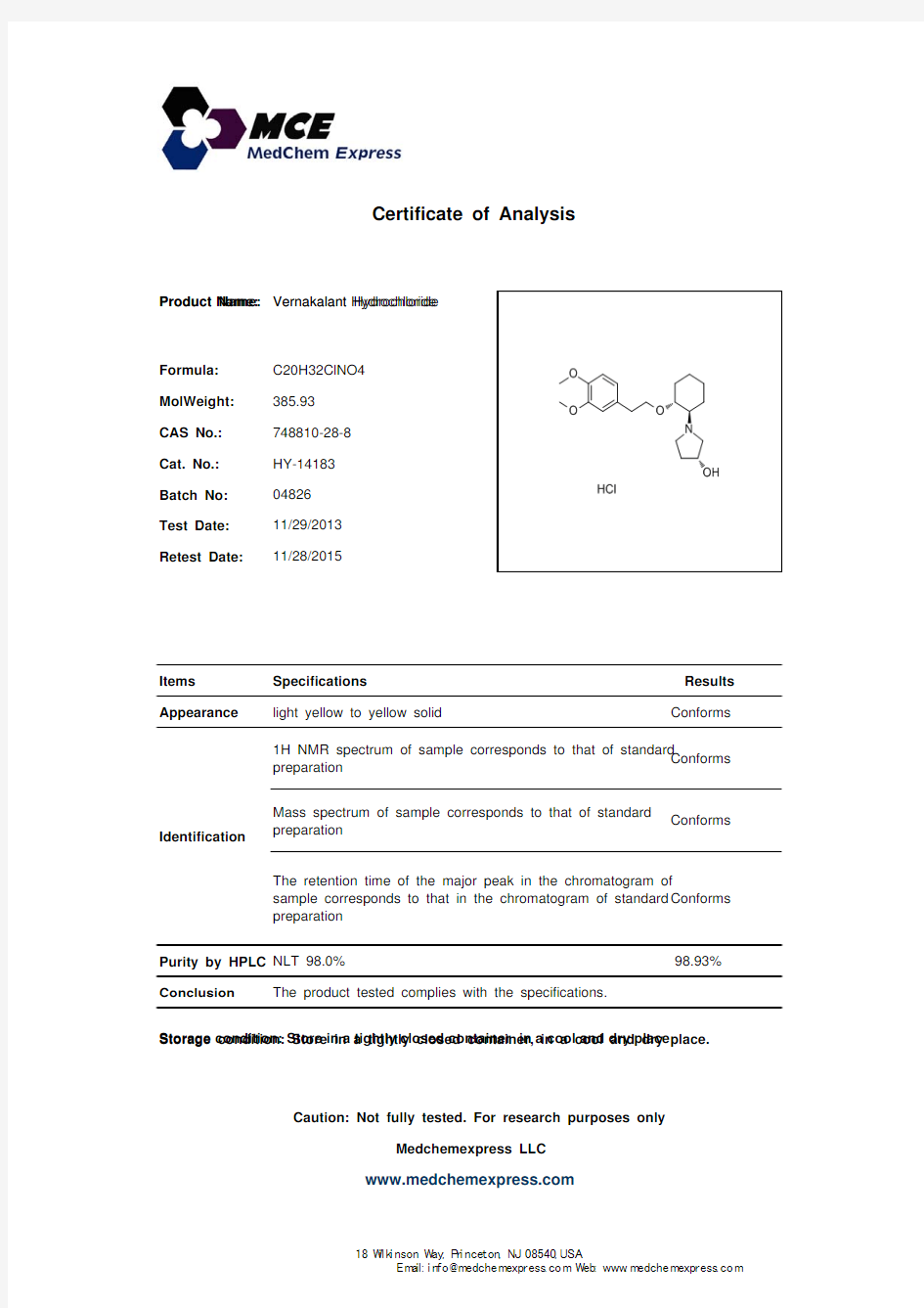 Vernakalant Hydrochloride_748810-28-8_CoA_MedChemExpress
