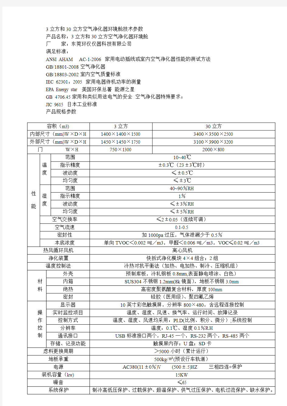 3立方和30立方空气净化器环境舱技术参数