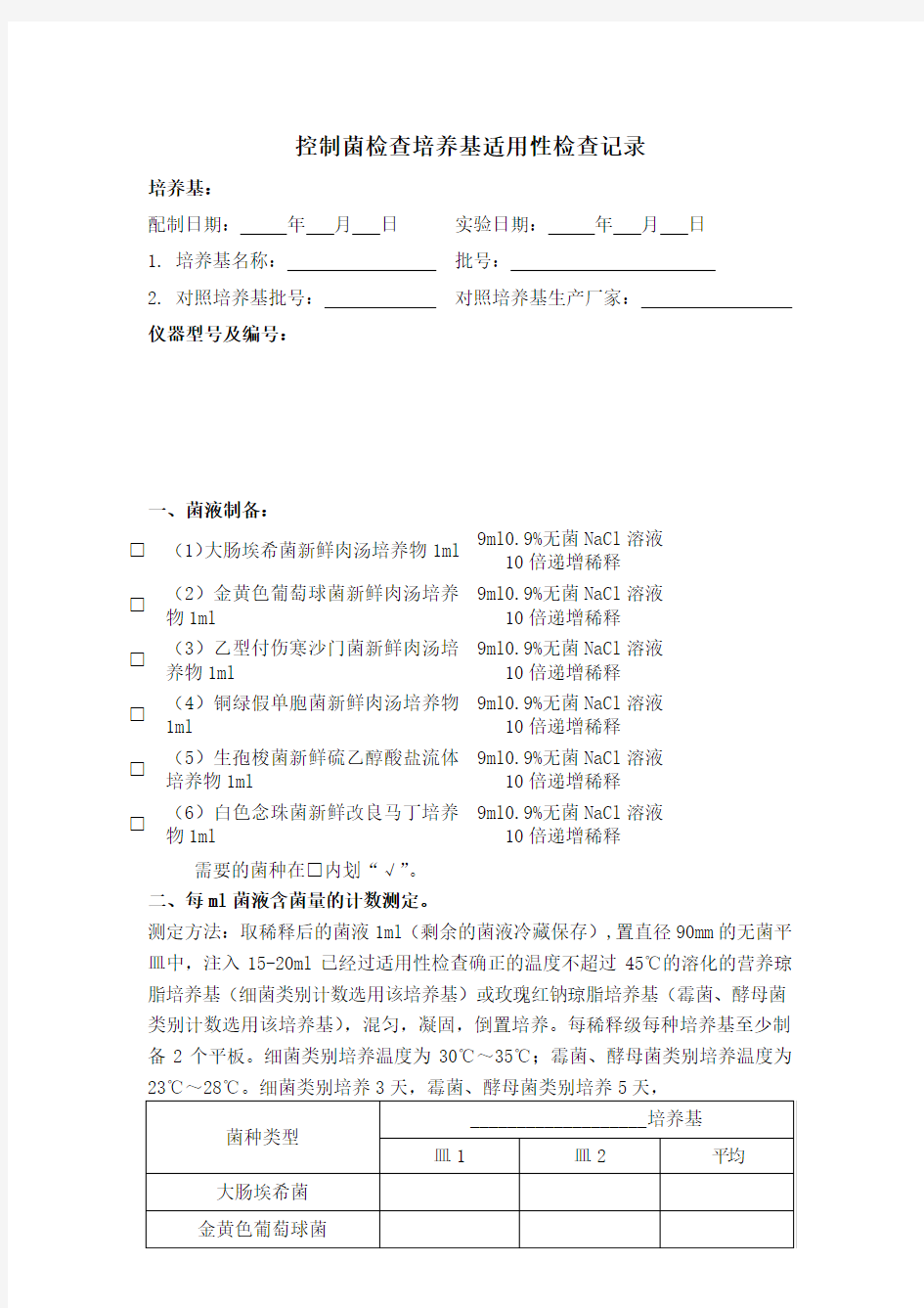 控制菌检查培养基适用性检查记录