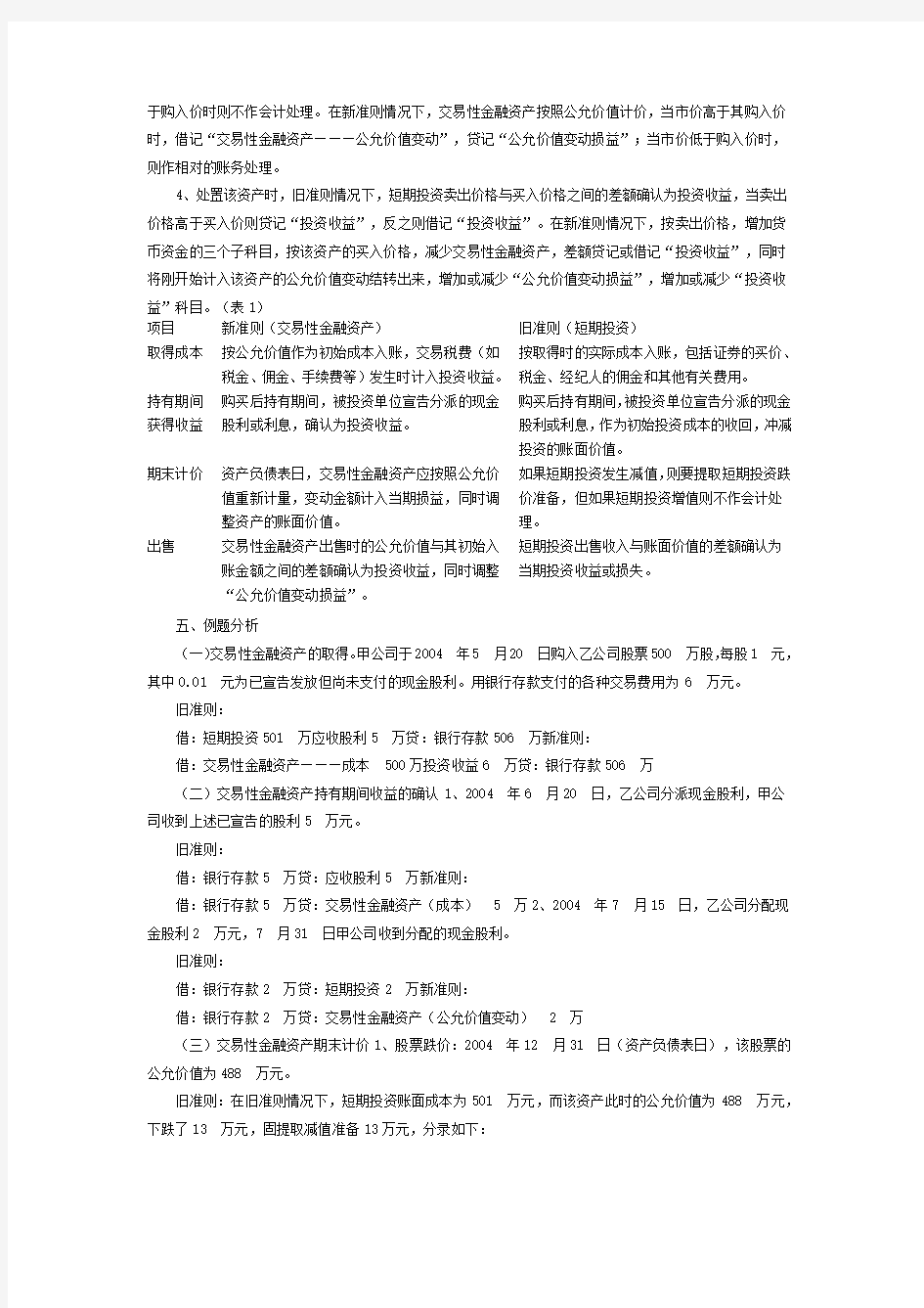 新旧会计准则下交易性金融资产会计核算比较