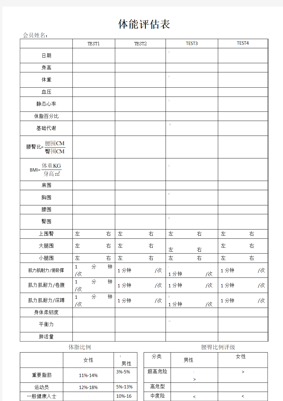 健身房体能评估表