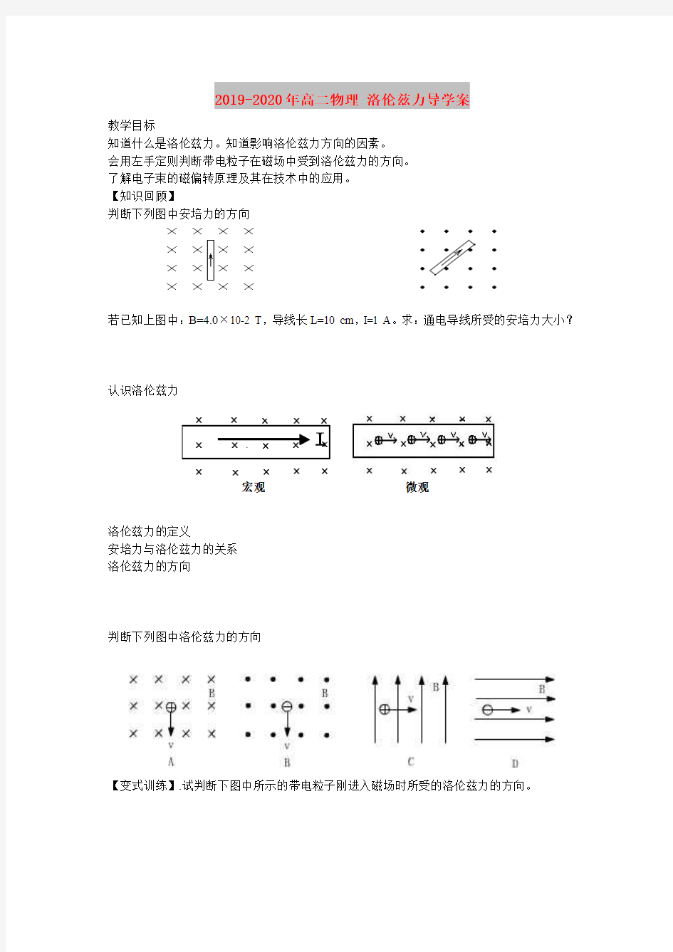 2019-2020年高二物理 洛伦兹力导学案 