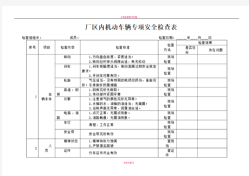 厂内机动车辆专项安全检查表