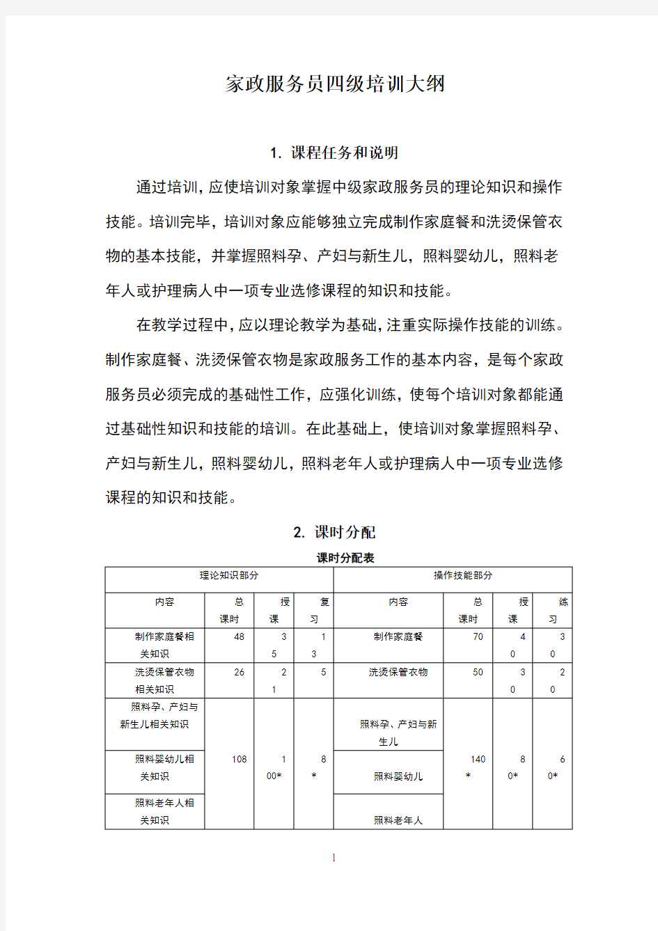 中级家政服务员教学大纲