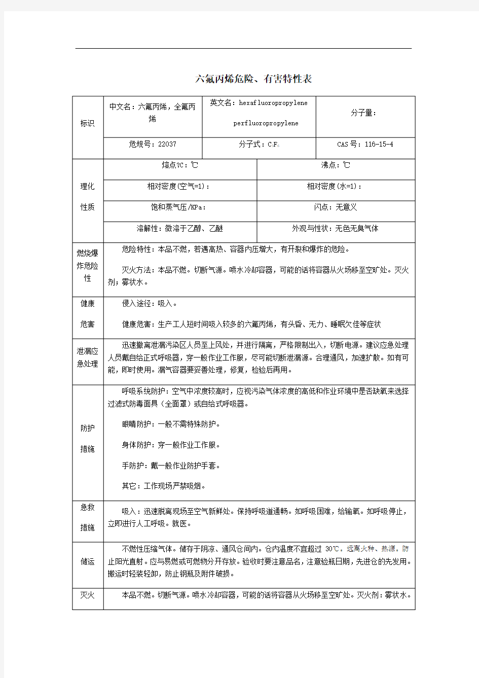 六氟丙烯危险特性表