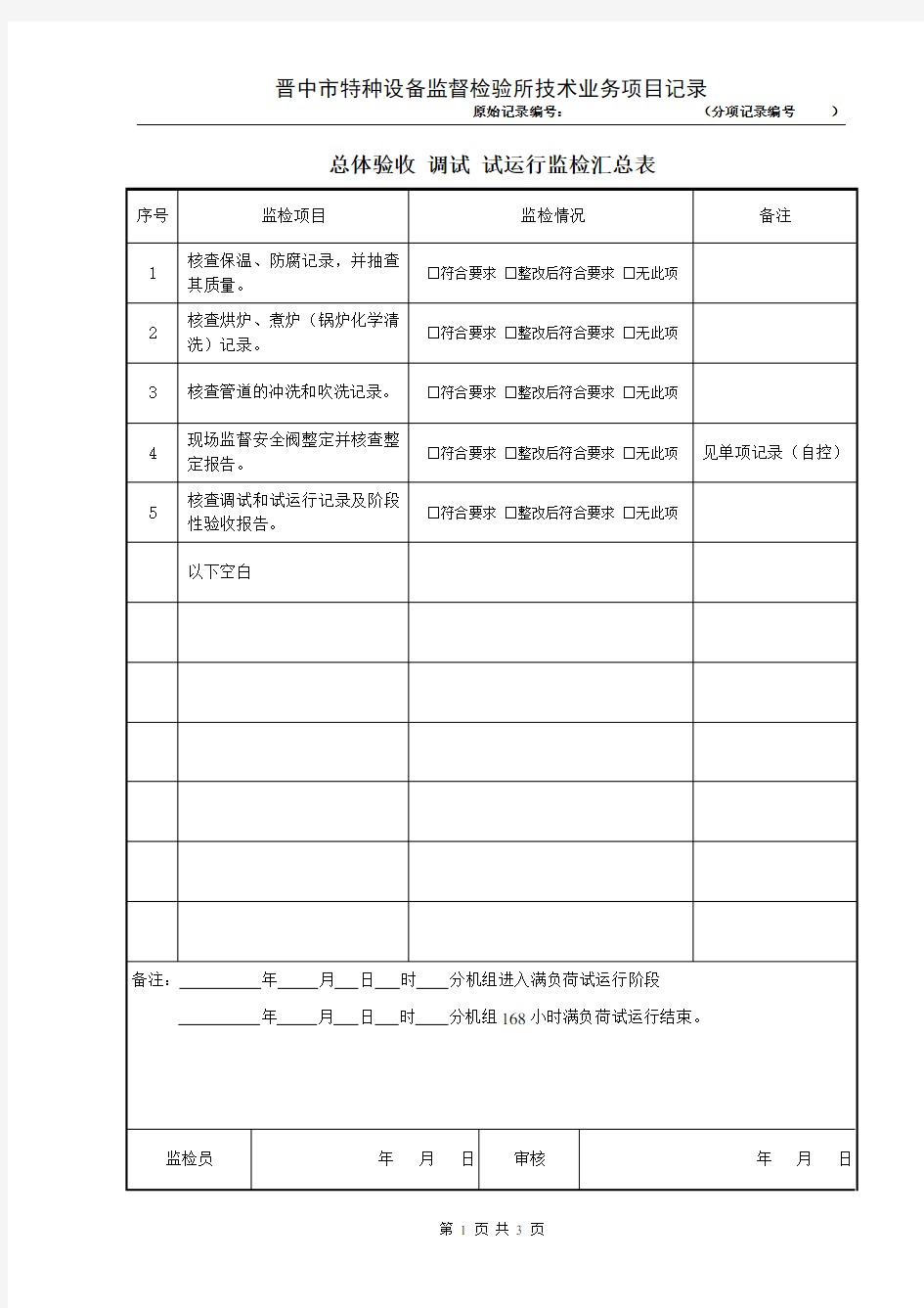 22总体验收 调试 试运行监检汇总表