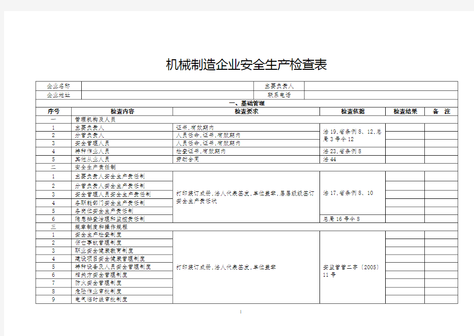 机械制造企业安全生产检查表