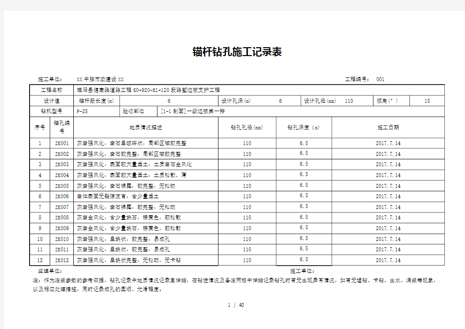 锚杆钻孔施工记录表