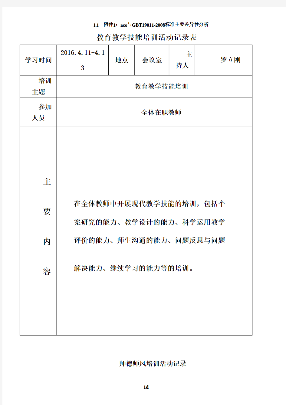 教育教学技能培训活动记录表