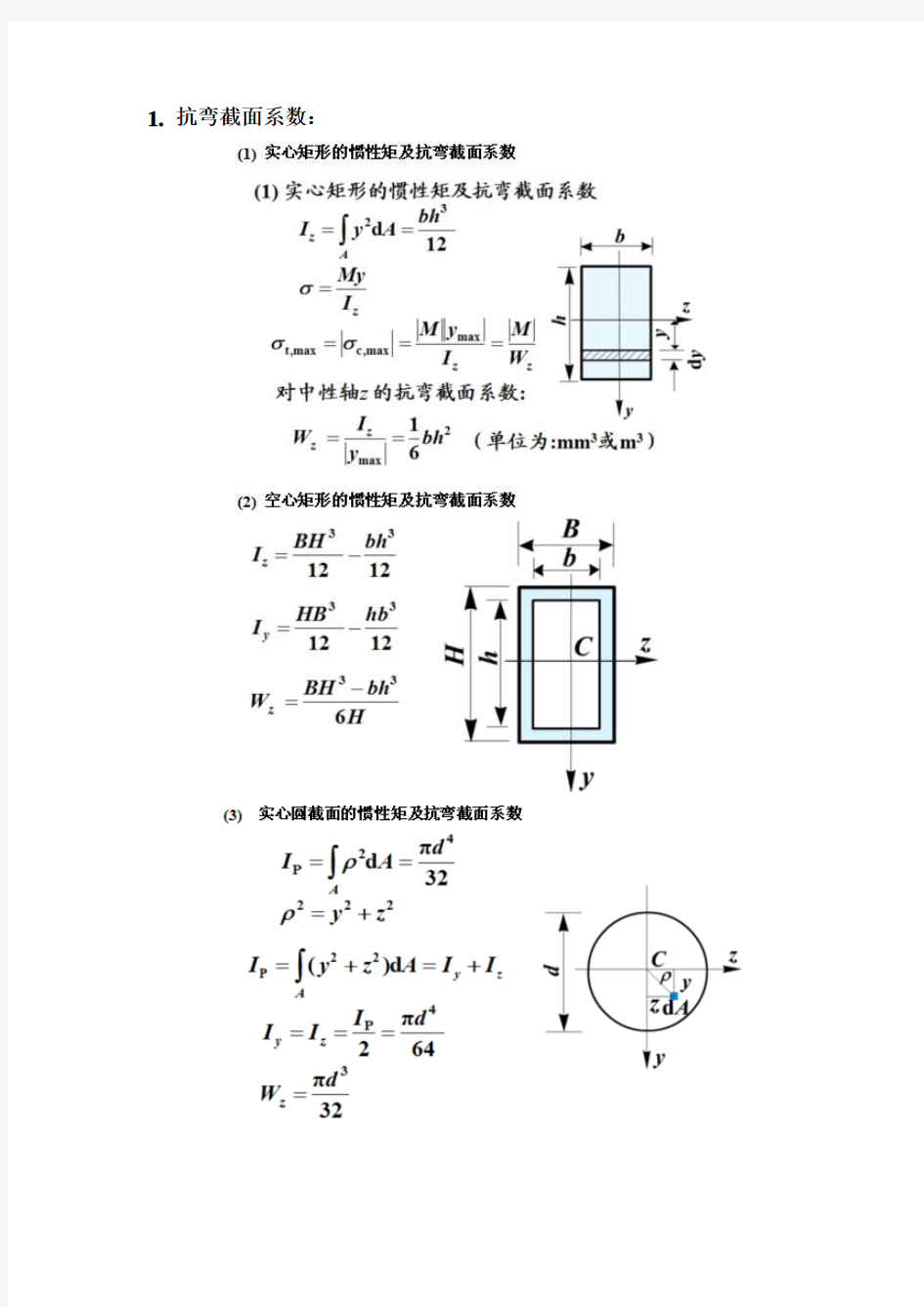 矩形截面惯性矩及抗弯截面系数