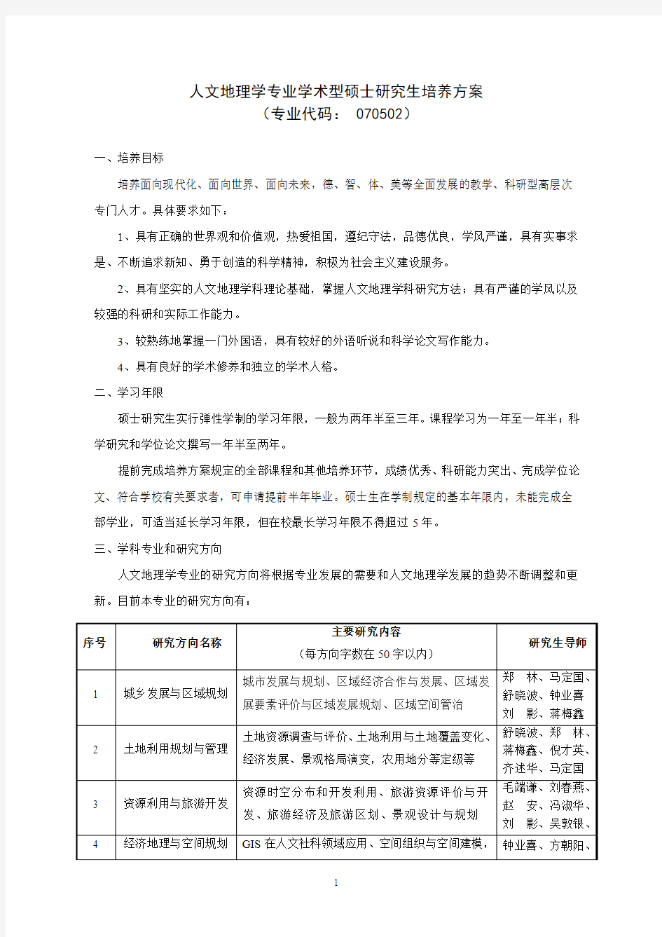 人文地理学专业培养方案