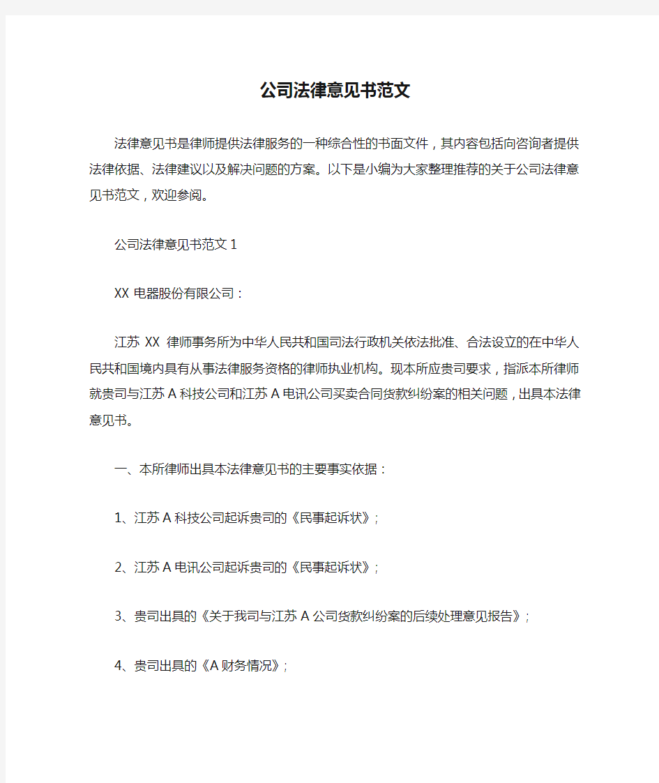 公司法律意见书范文