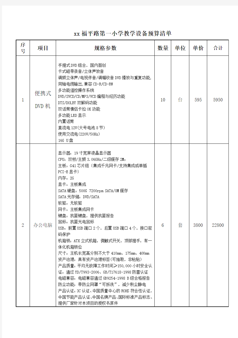 xx福平路第一小学教学设备预算清单