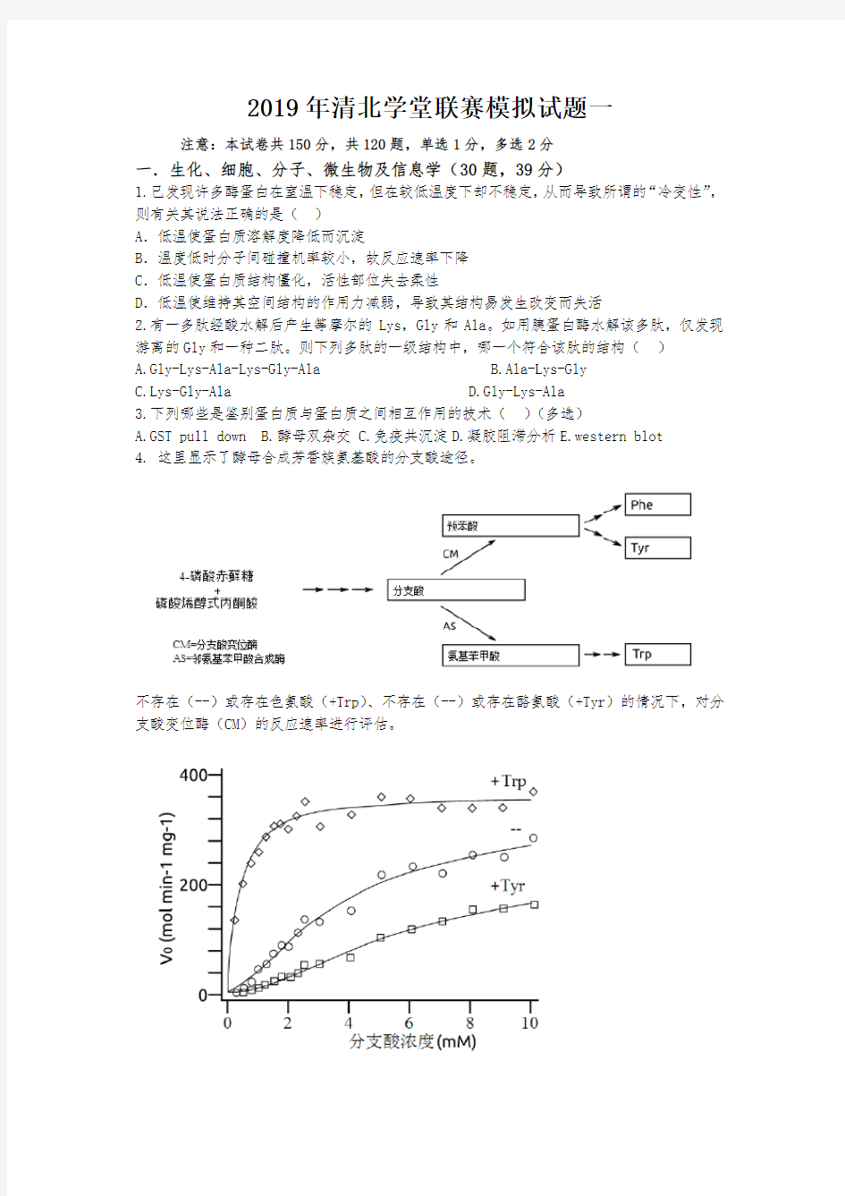 2019年高中生物清北学堂联赛模拟试题一