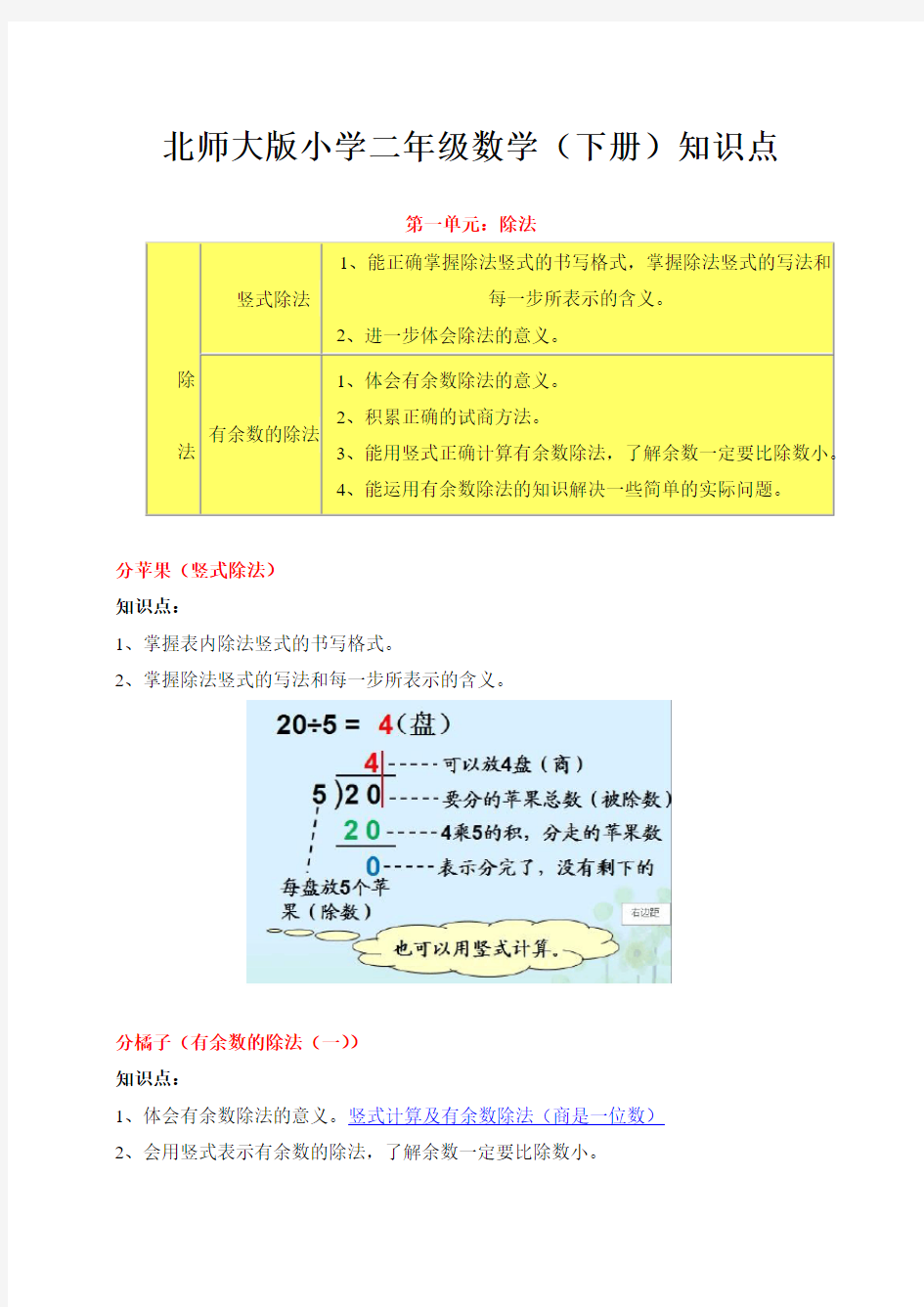 北师大版小学数学二年级下册知识重难点