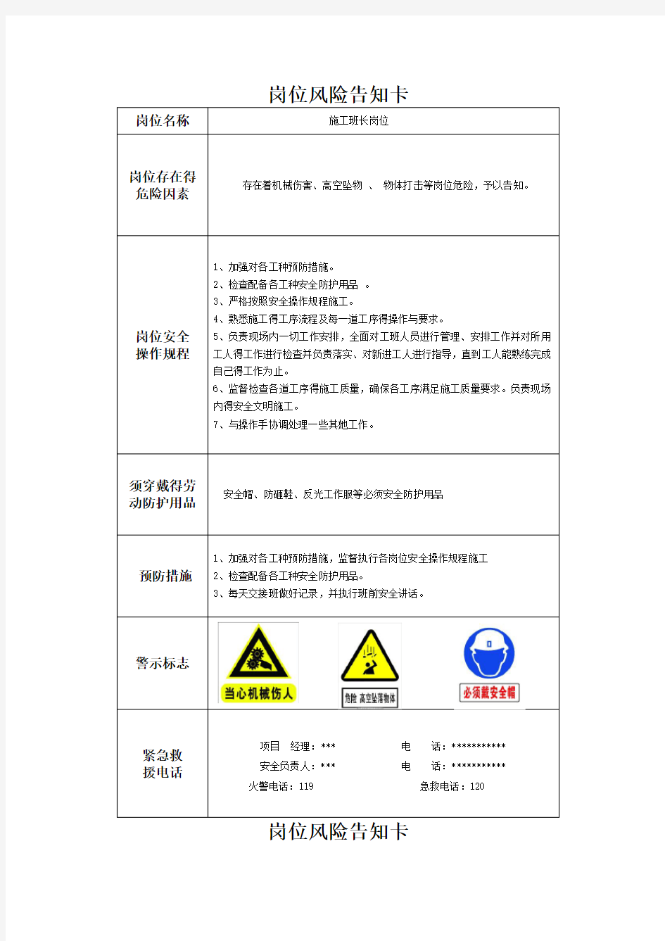 建筑工程各岗位风险告知卡