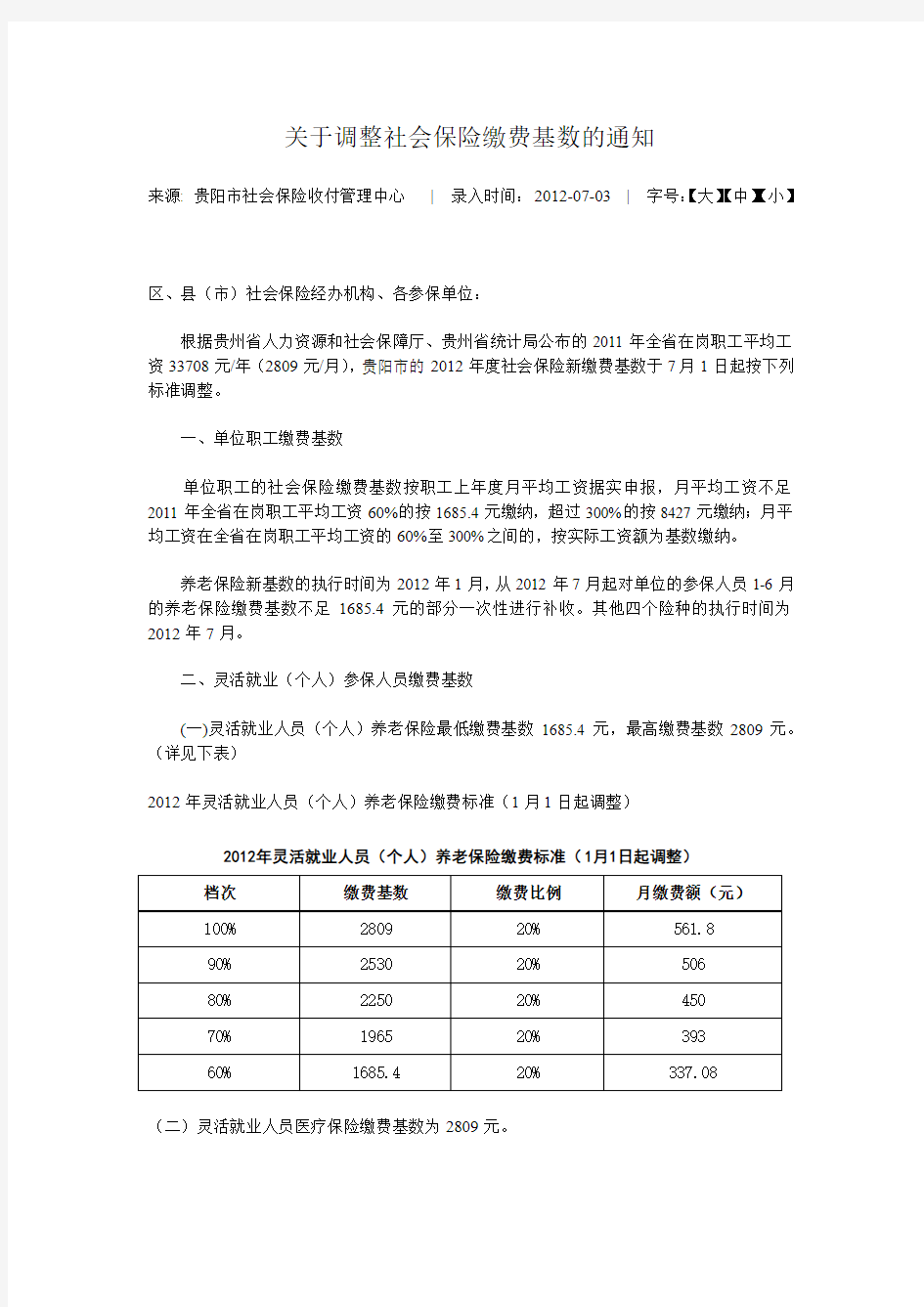 贵阳市调整2012年度社会保险缴费基数公告