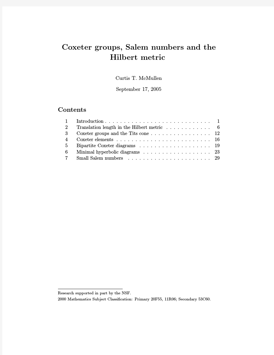 Coxeter groups, Salem numbers and the Hilbert metric
