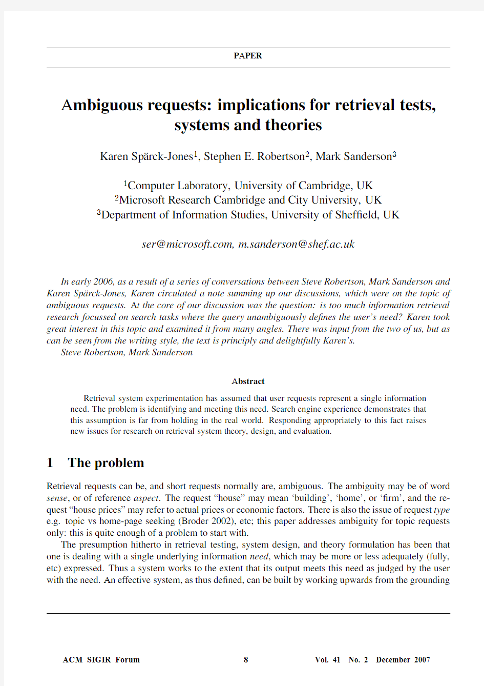 PAPER Ambiguous requests implications for retrieval tests, systems and theories