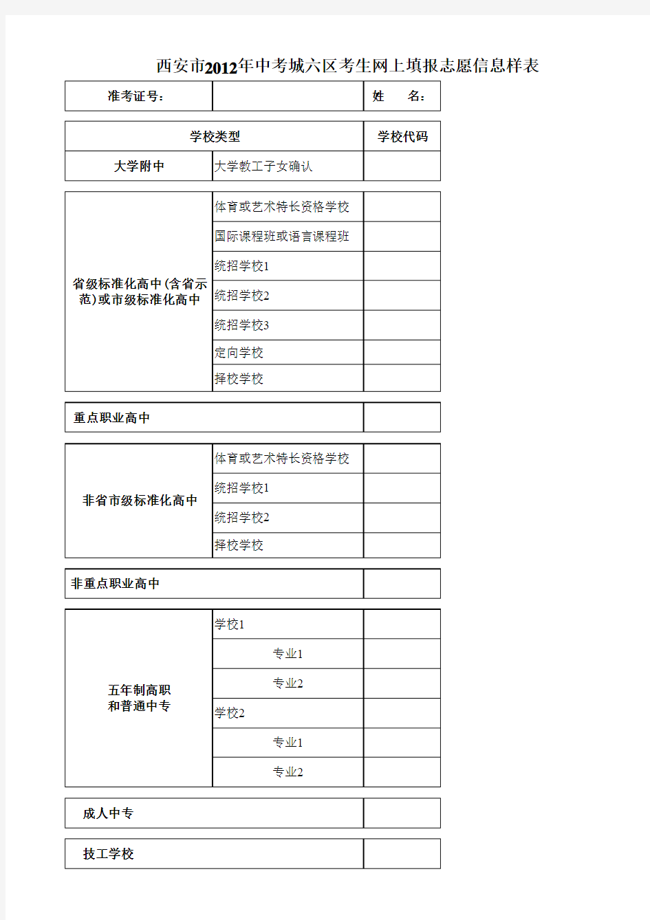 西安市2012年中考城六区考生网上填报志愿信息样表
