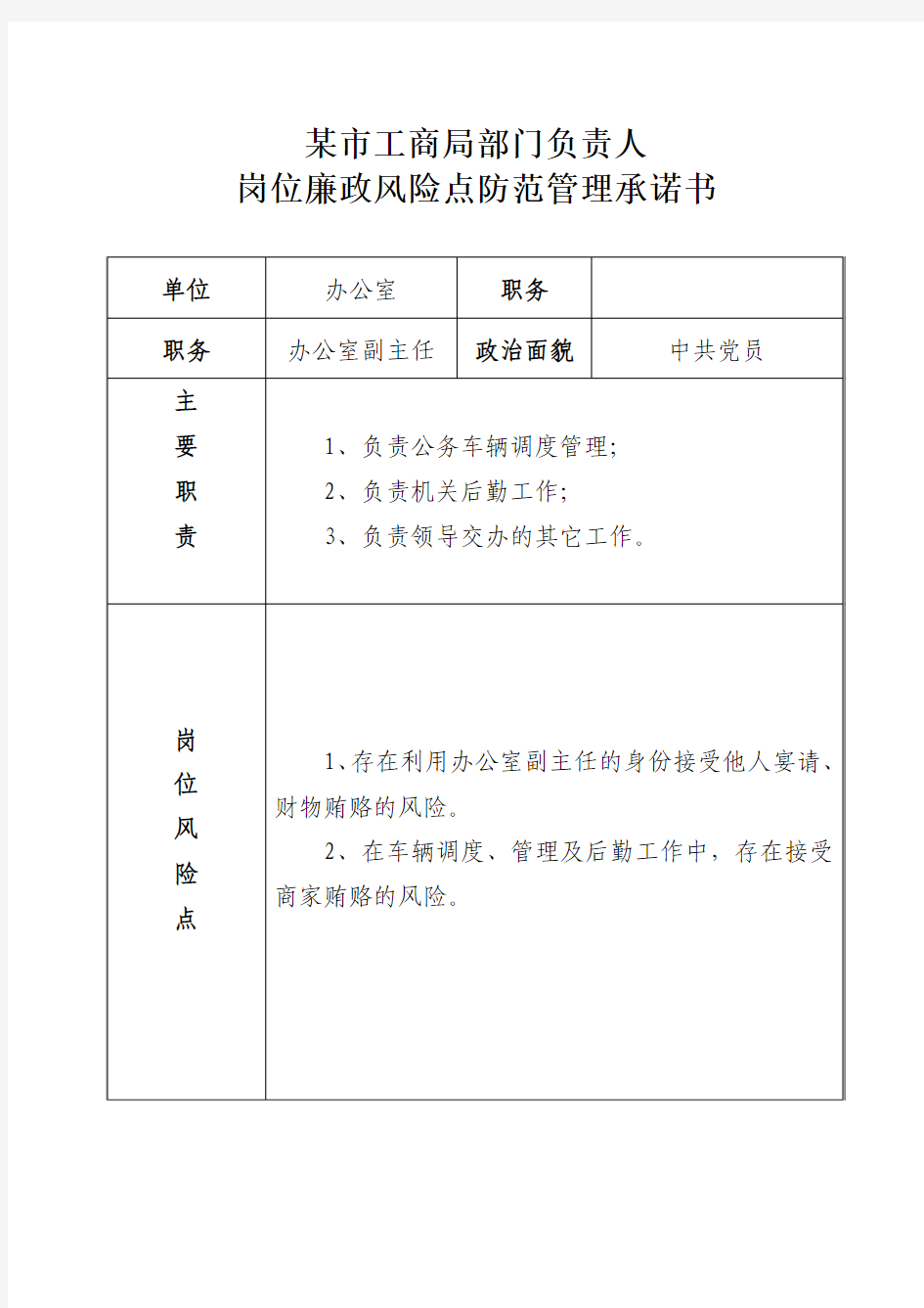 部门负责人岗位廉政风险点防范管理承诺书(办公室副主任)