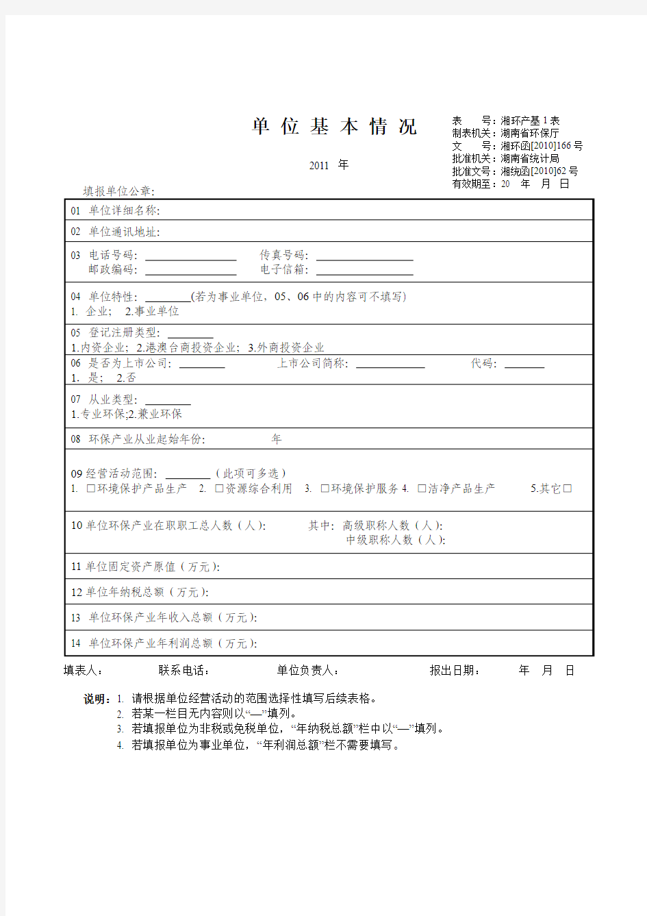 湖南省环保产业统计表(企业表)