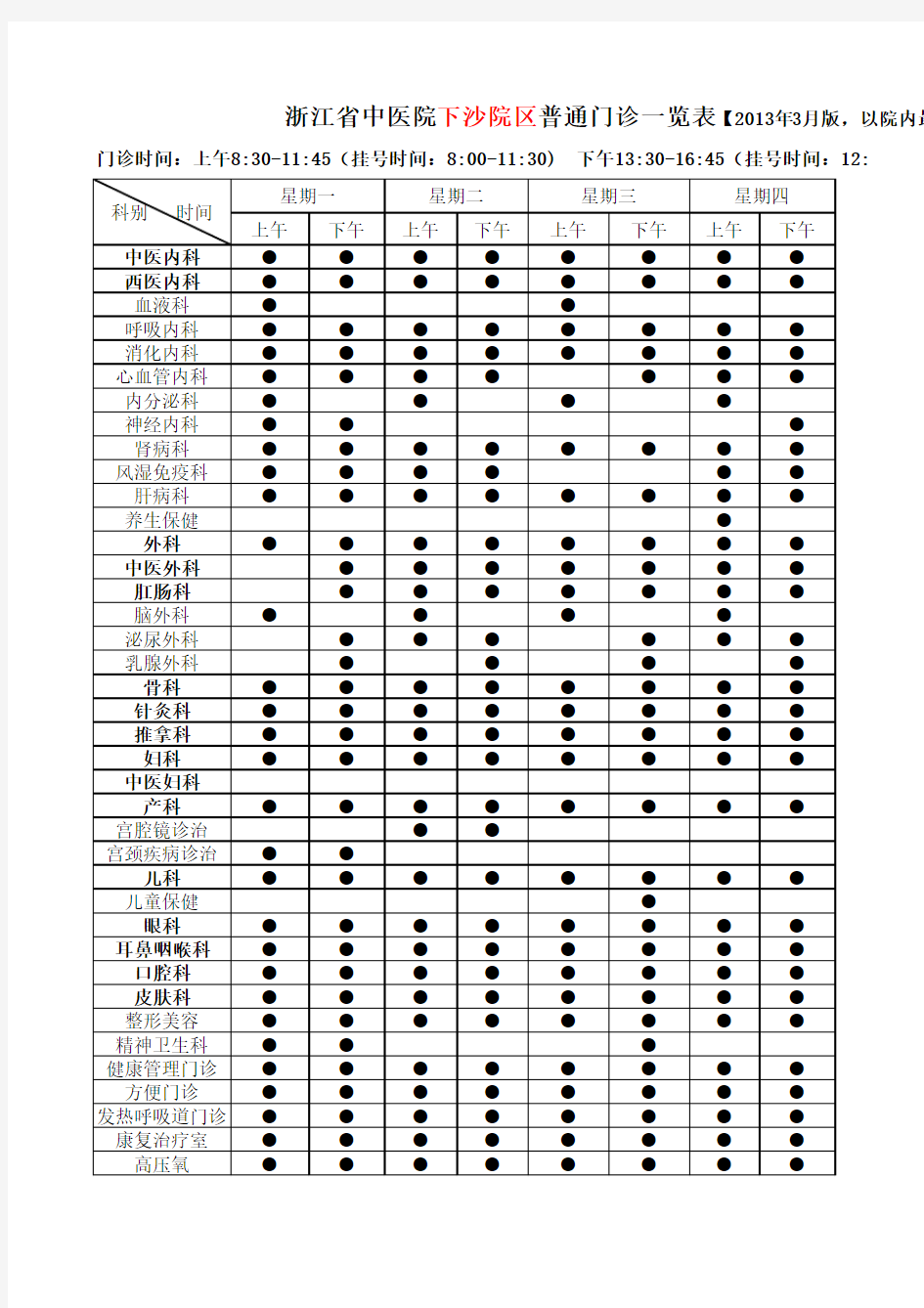 浙江省中医院下沙院区普通门诊一览表【2013年03月版】