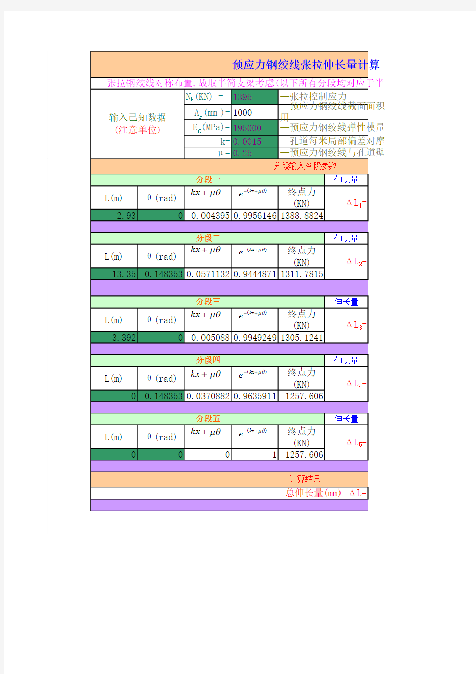 预应力钢绞线张拉伸长量计算程序(单端)