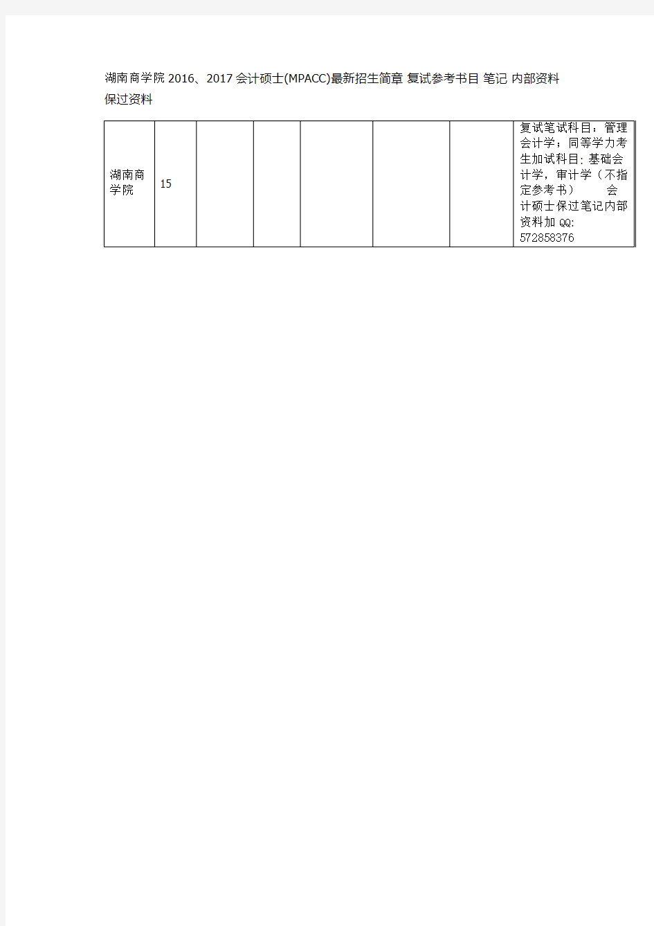 湖南商学院2016、2017会计硕士(MPACC)最新招生简章 复试参考书目 笔记 内部资料 保过资料