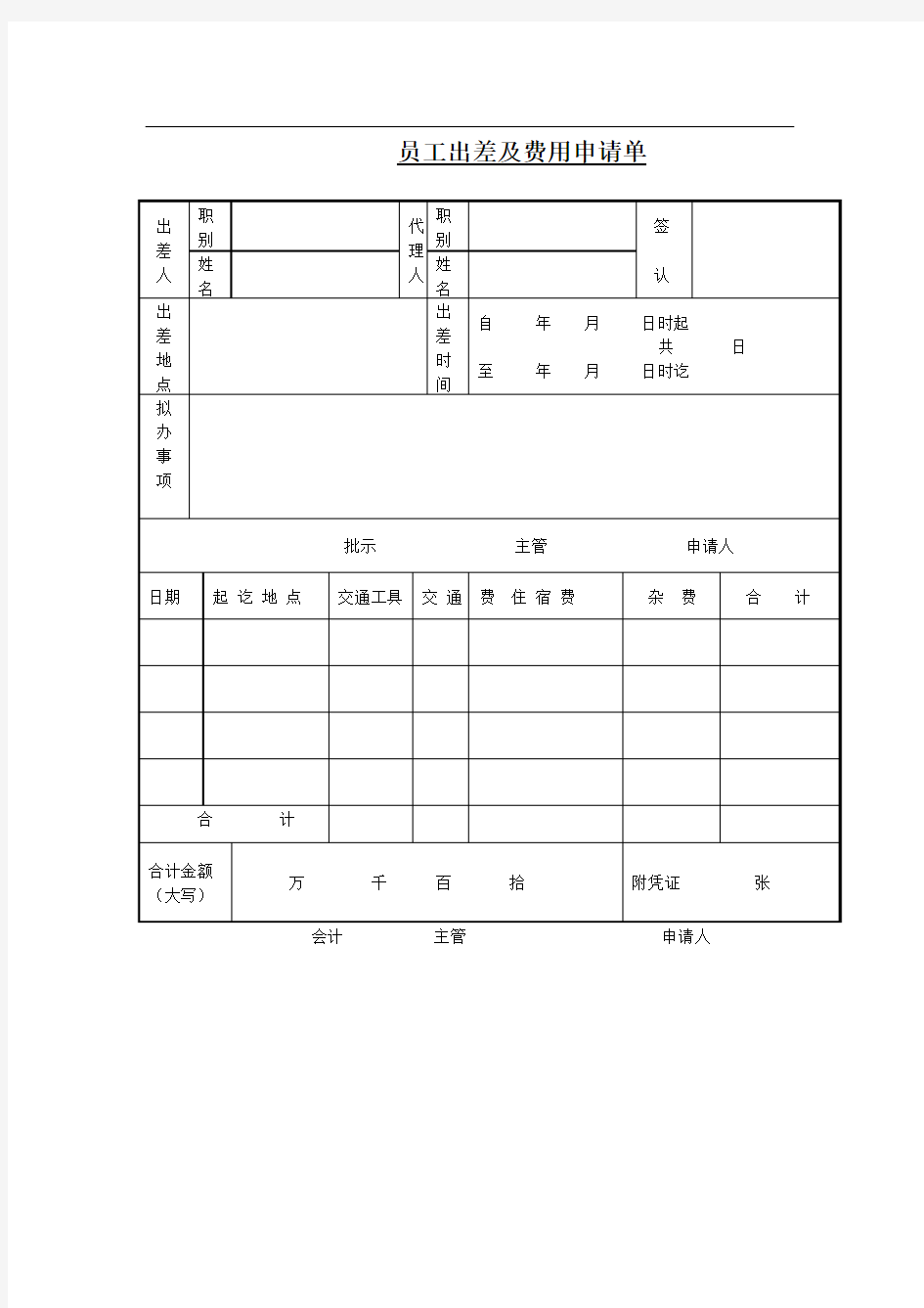 员工出差及费用申请单