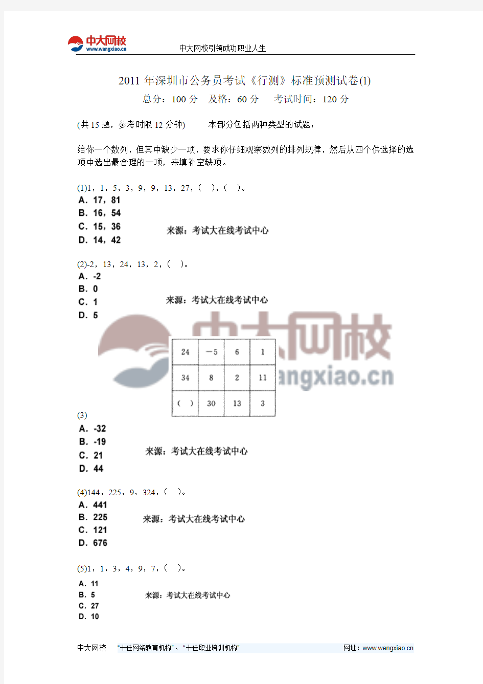 2011年深圳市公务员考试《行测》标准预测试卷(1)-中大网校