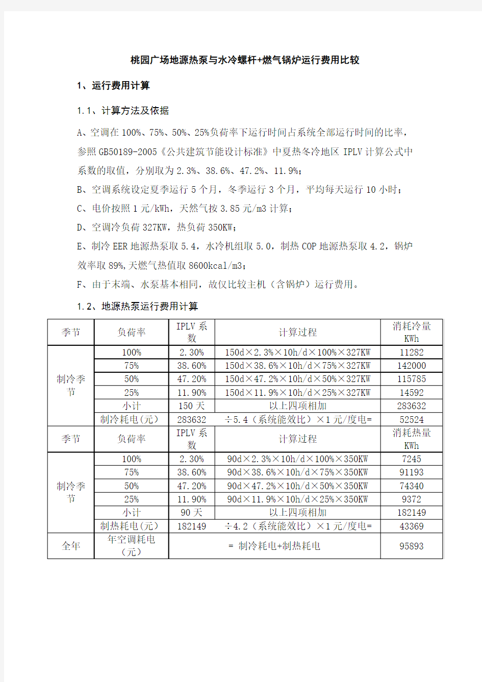 地源热泵与水冷螺杆+燃气锅炉运行费用比较