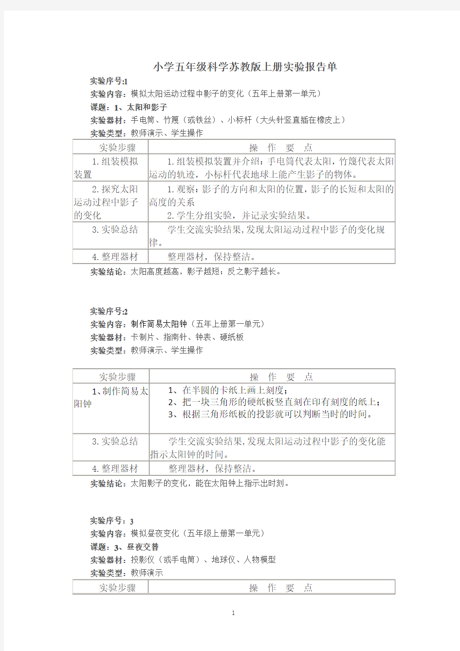 小学五年级科学苏教版上册实验报告单