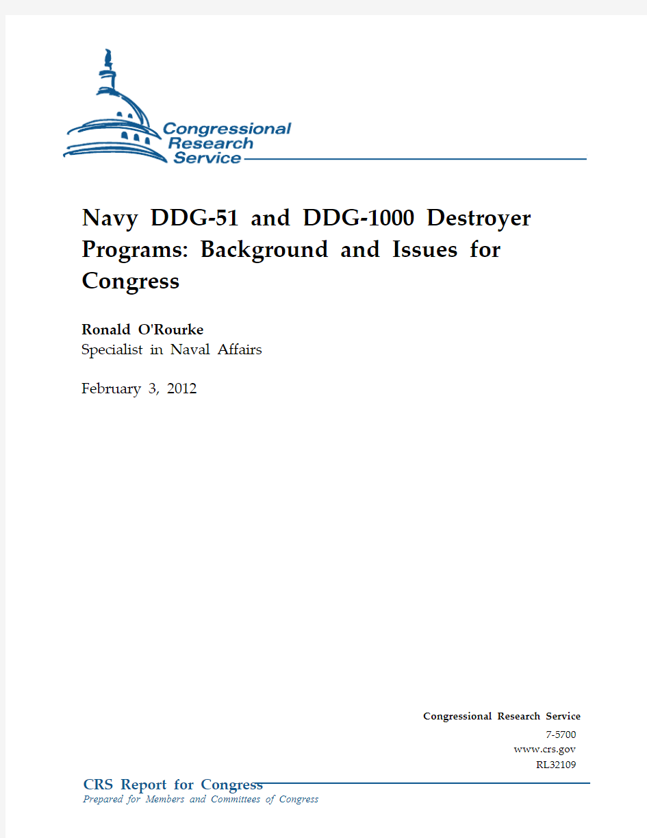 Navy DDG-51 and DDG-1000 Destroyer Programs Background and Issues